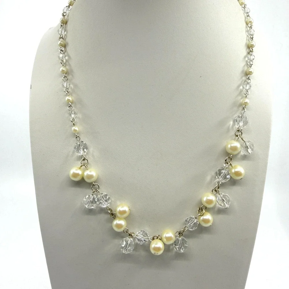 Elegant Faux Pearl & Clear Crystal Bead Statement Necklace Cottagecore Romantic